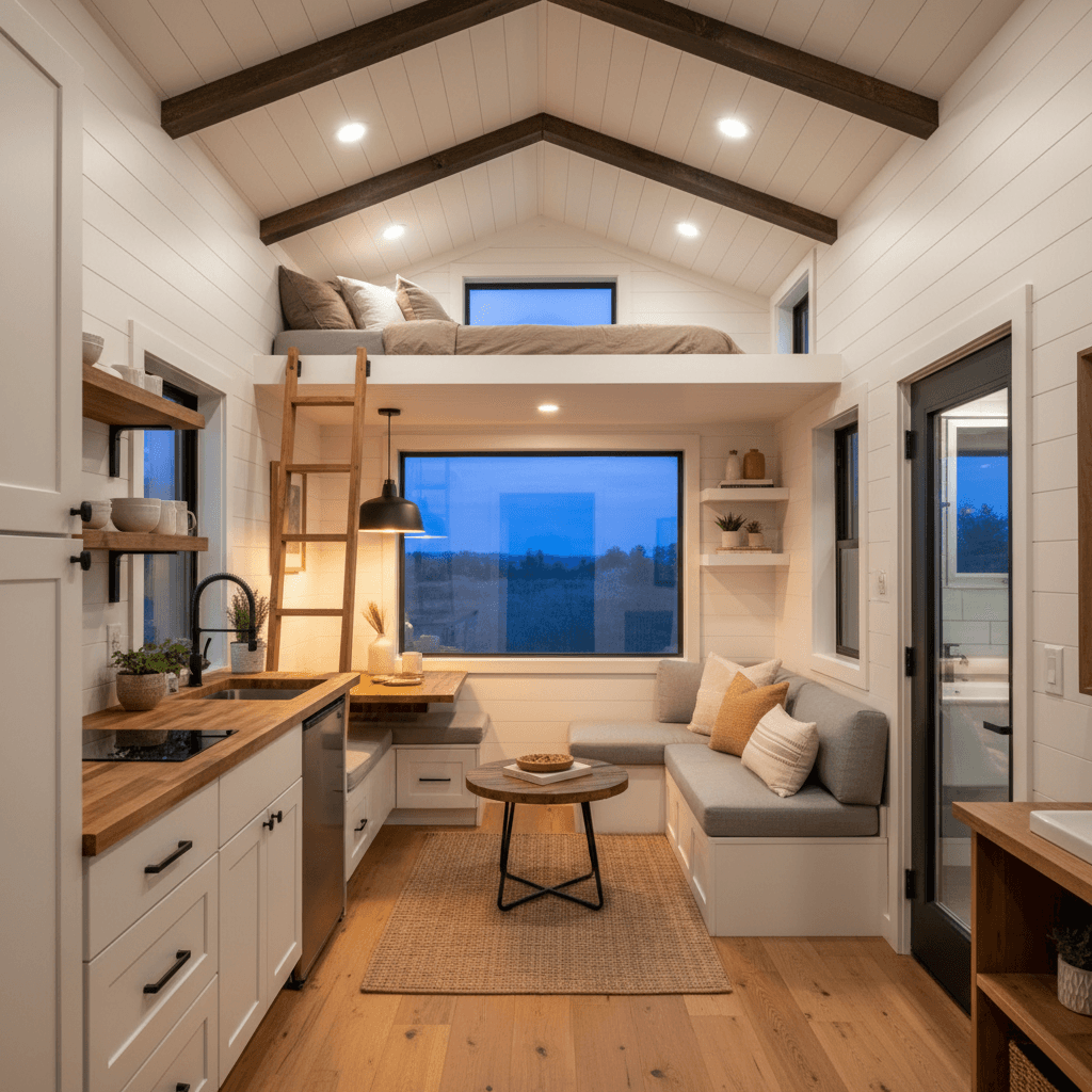 AI-generated tiny house interior with warm wood panelling and floor-to-ceiling windows