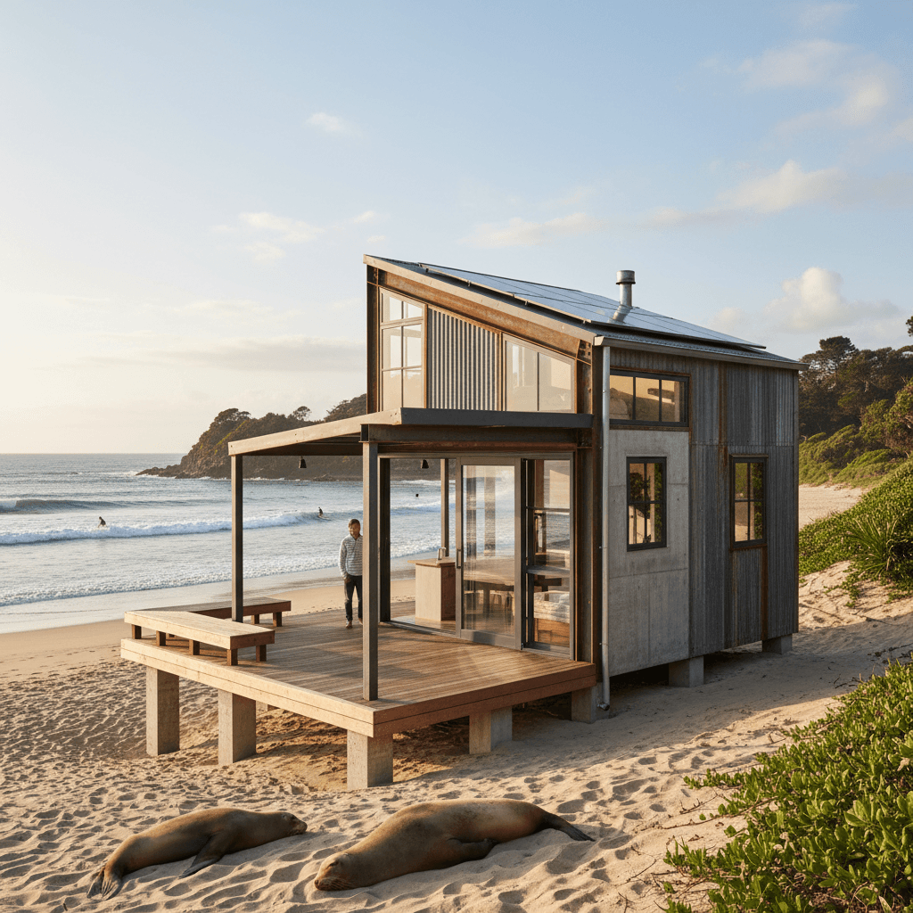 industrial Beach Tiny House - Show Whole Interior - Exterior view