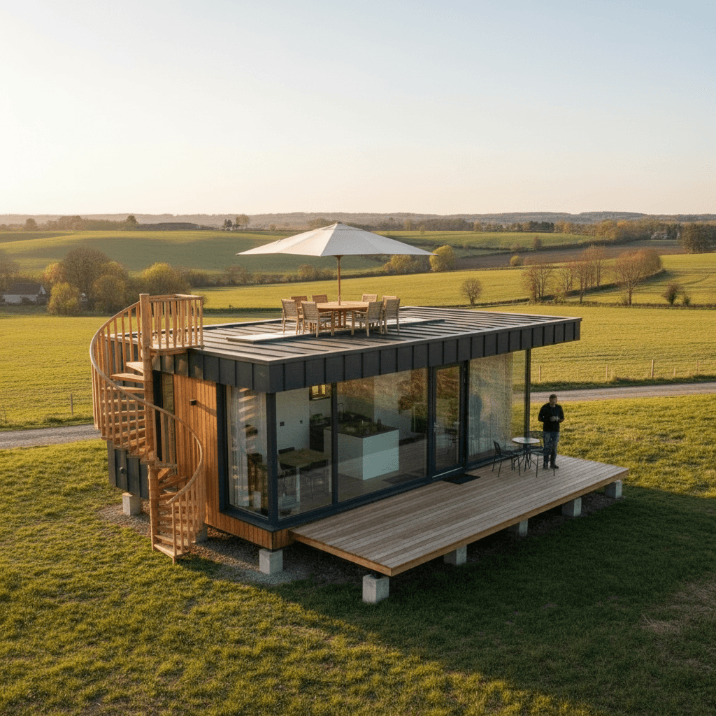 Modern rural Tiny House - There Loft There - Show Other Side - Give Wooden Spiral - Exterior view