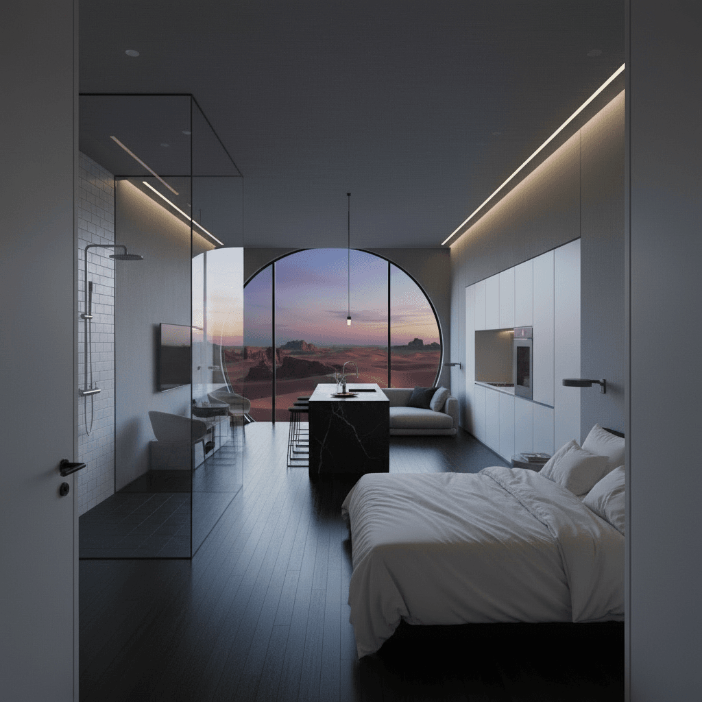 Modern Desert Tiny House - Show Skyline Circle - Bedroom Skylight Circle - Show Full Open - Interior view