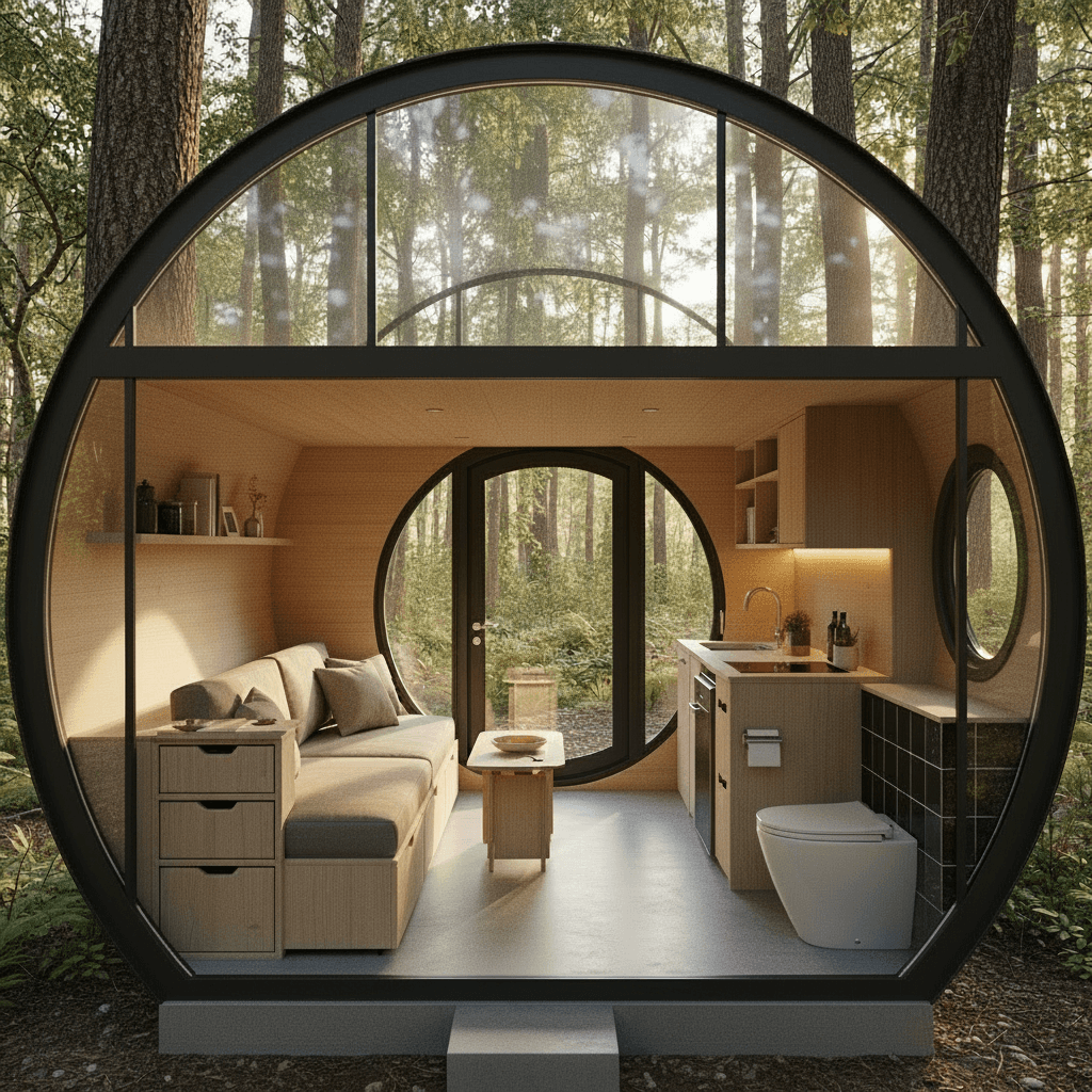 Modern Forest Tiny House - Metal Stairs Just - Show Living Room - Interior view