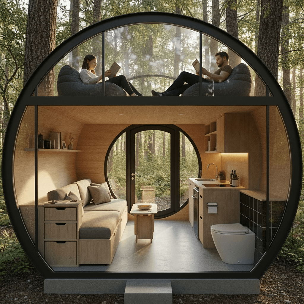 Modern Forest Tiny House - Metal Stairs Just - Show Loft Beanbag - Interior view