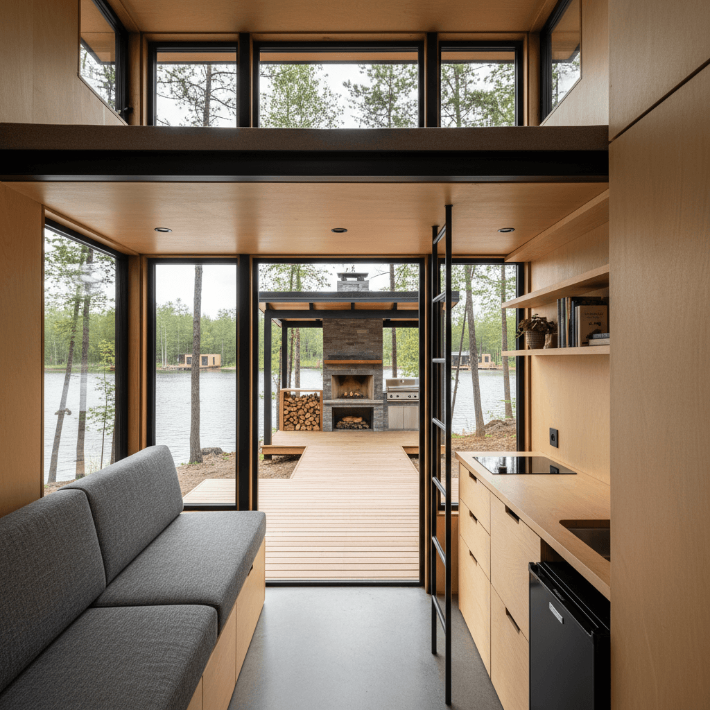 Modern lakeside Tiny House - Open Outdoor Kitchen - Forestthere Houses Have - Interior view