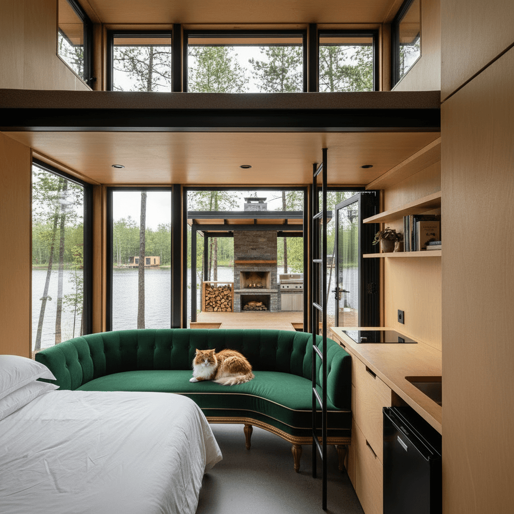 Modern lakeside Tiny House - Open Outdoor Kitchen - Forestthere Houses Have - Show Hemicycle Living - Interior view