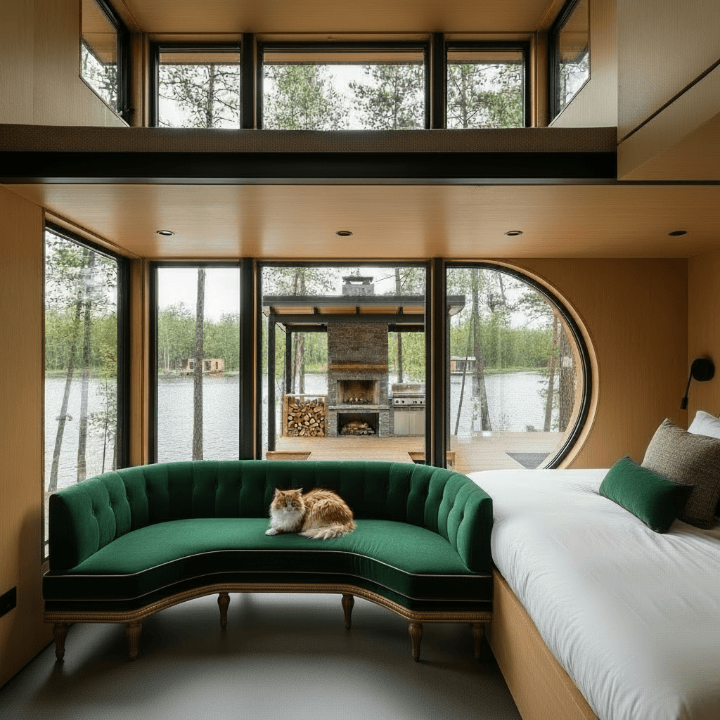 Modern lakeside Tiny House - Open Outdoor Kitchen - Forestthere Houses Have - Show Hemicycle Living - There Kitchen Room - Room Only Nice - There Only King - Interior view