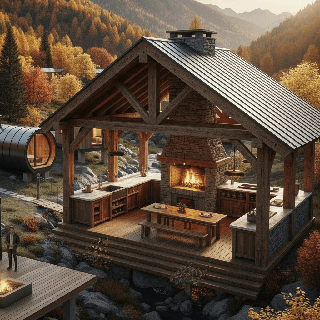 Modern mountain Tiny House - Show Living Room - Show Nice Wooden - Only Show Outdoor - Show Other Side - There Only Circle - Exterior view