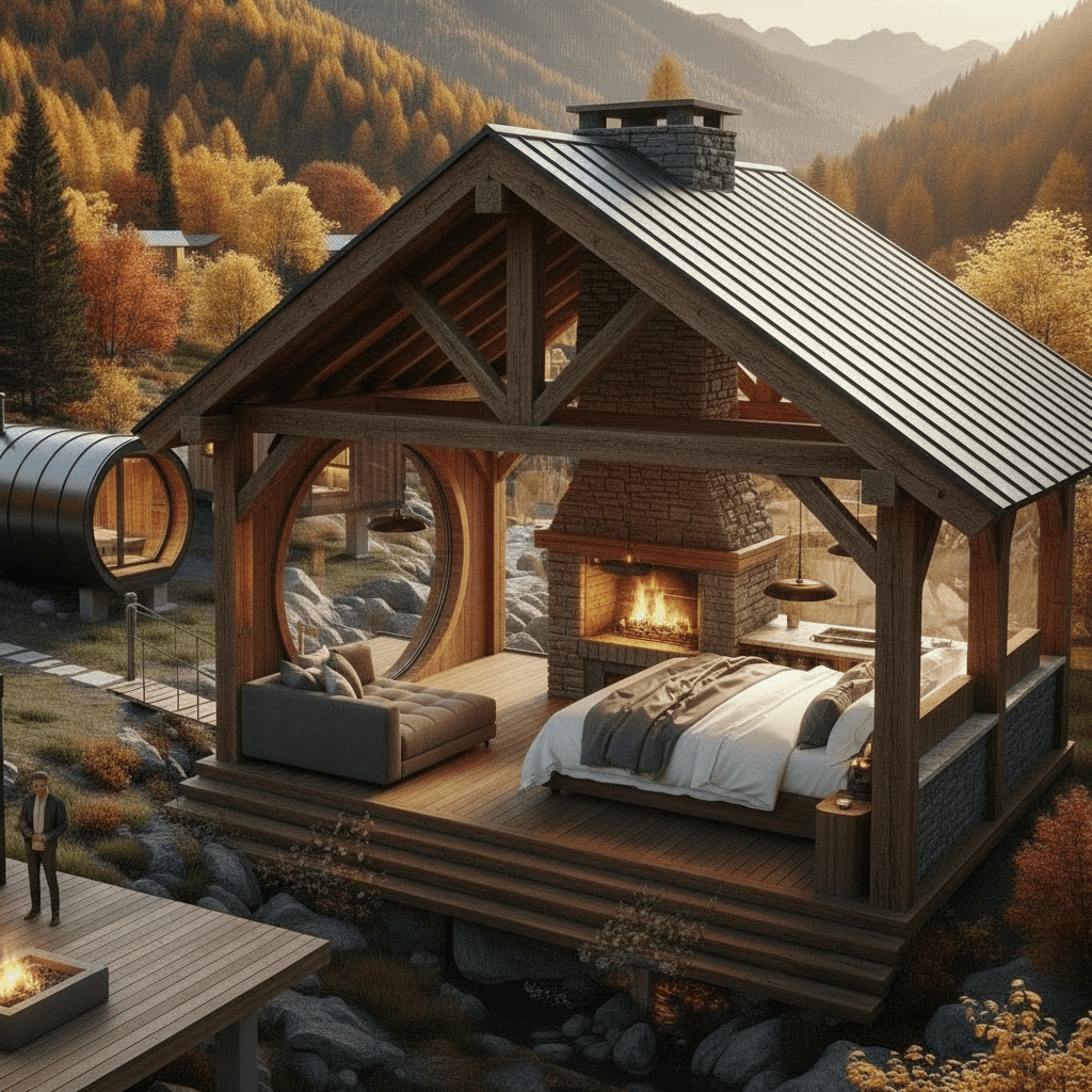 Modern mountain Tiny House - Show Living Room - Show Nice Wooden - Only Show Outdoor - Show Other Side - There Only Circle - Show Semicircle House - Exterior view