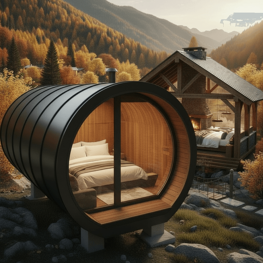 Modern mountain Tiny House - Show Living Room - Show Nice Wooden - Only Show Outdoor - Show Other Side - There Only Circle - Show Semicircle House - Show Semicircle House - Exterior view