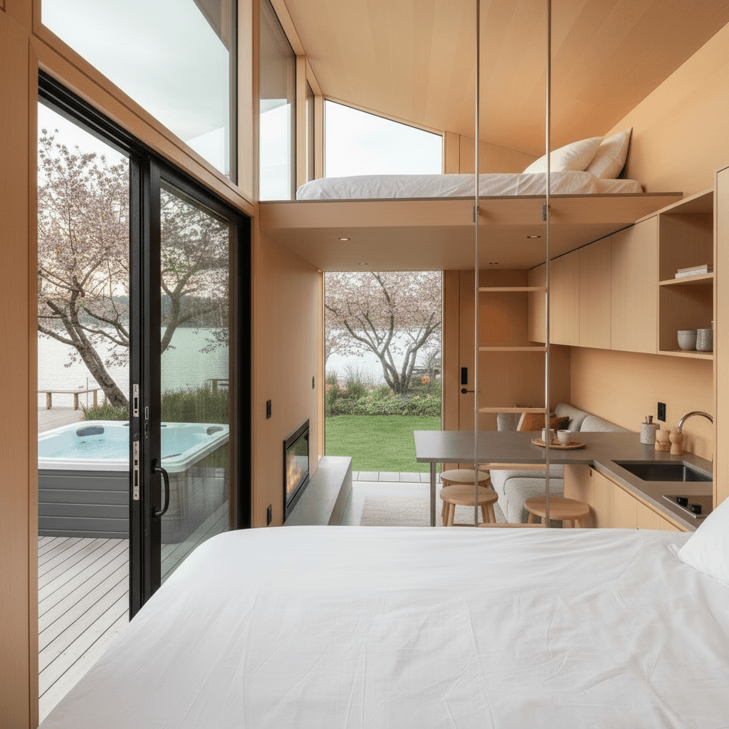 Modern lakeside Tiny House - House Water House - Jacuzzi From Outdoor - Show Whole Outside - Give Whole From - Interior view