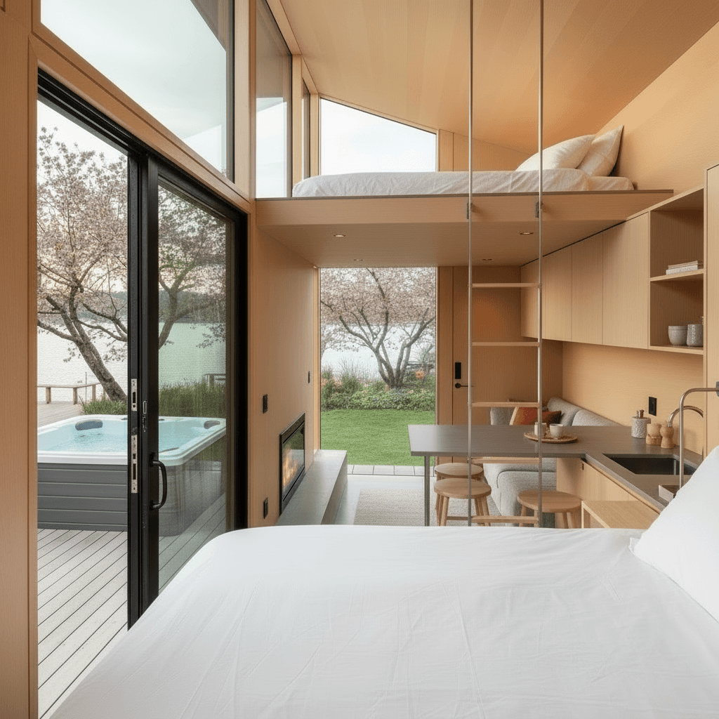 Modern lakeside Tiny House - House Water House - Jacuzzi From Outdoor - Show Whole Outside - Give Whole From - Show Room Kind - Interior view