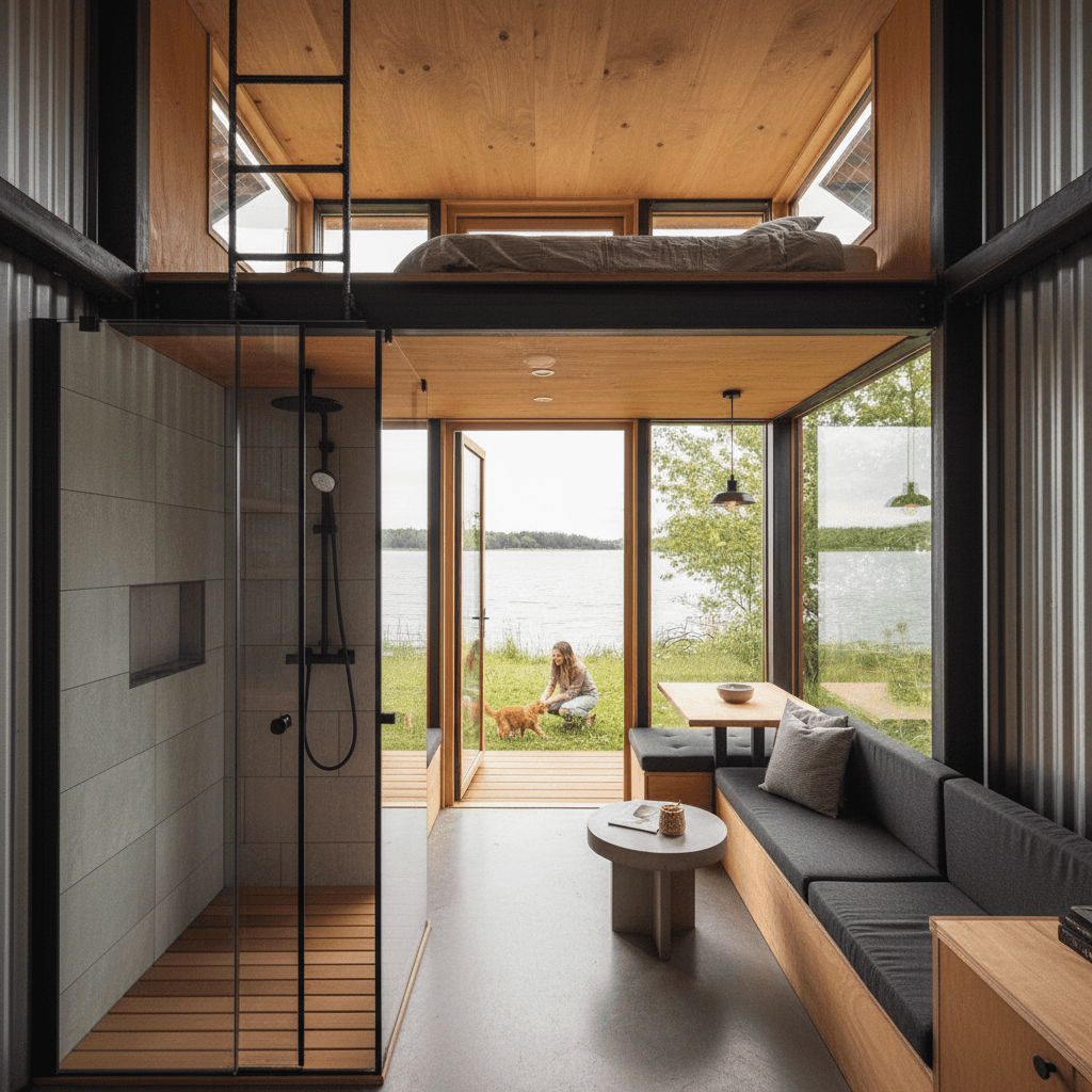 industrial lakeside Tiny House - Loft Have Open - Living Room Have - Interior view