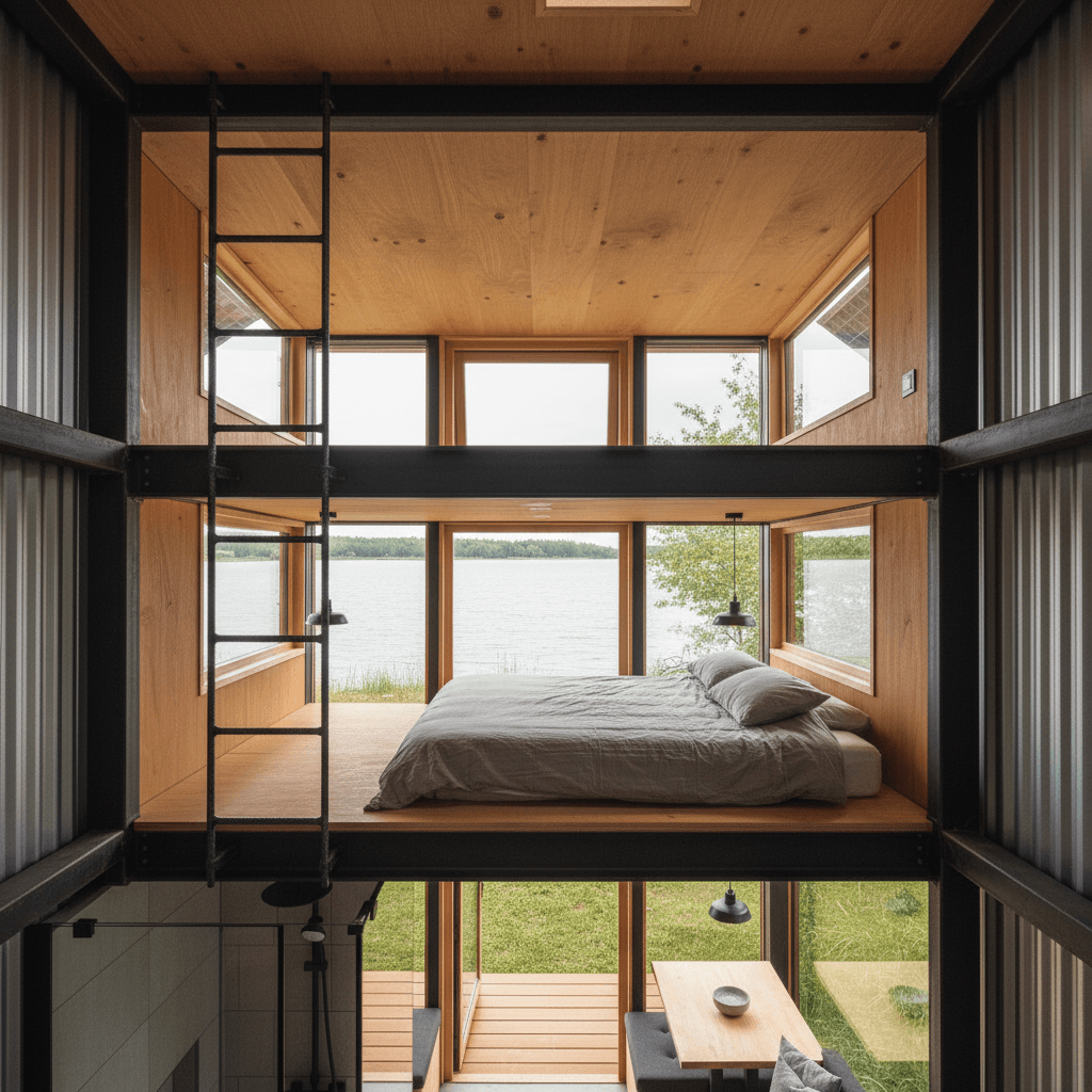 industrial lakeside Tiny House - Loft Have Open - Living Room Have - Show Whole Kind - Interior view