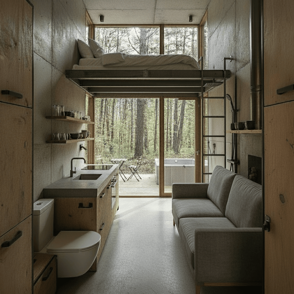 industrial Forest Tiny House - Toilet Shower Next - Everything Want Kind - Shower Cher - Glass Shower Living - Kitchen Nice Sofa - Interior view