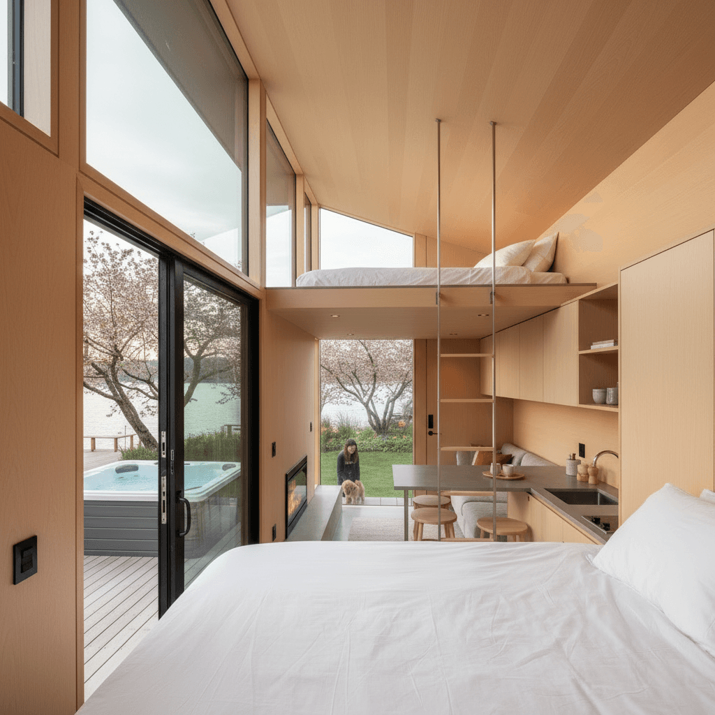 Modern lakeside Tiny House - House Water House - Jacuzzi From Outdoor - Show Whole Outside - Interior view