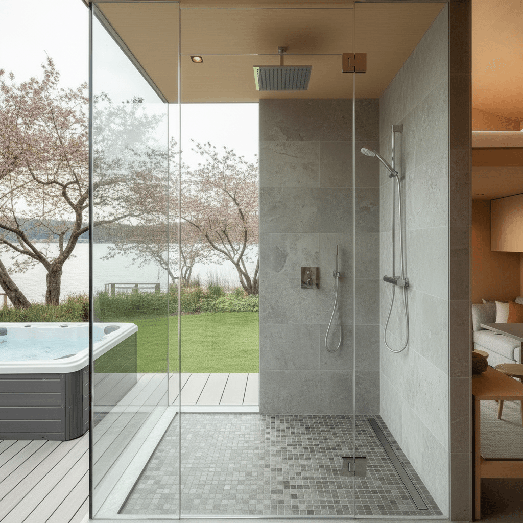 Modern lakeside Tiny House - House Water House - Jacuzzi From Outdoor - Show Whole Outside - Give Whole From - Show Room Kind - Show Nice Shower - Interior view