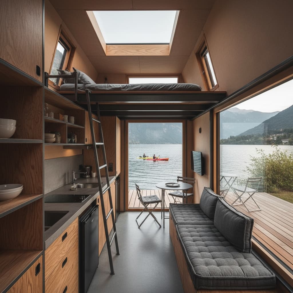 industrial lakeside Tiny House - Interior view