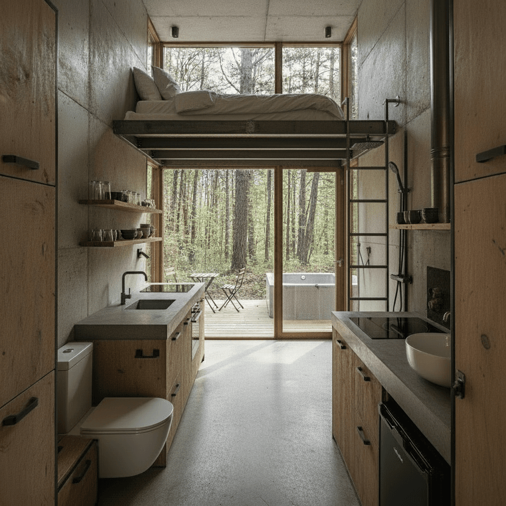 industrial Forest Tiny House - Toilet Shower Next - Everything Want Kind - Shower Cher - Glass Shower Living - Interior view