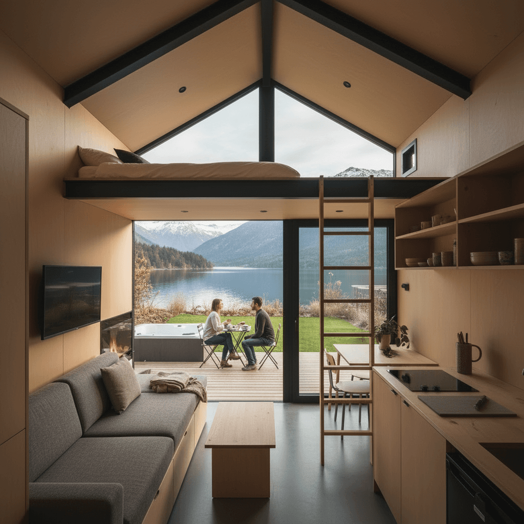 Modern lakeside Tiny House - Show Nice Open - Interior view