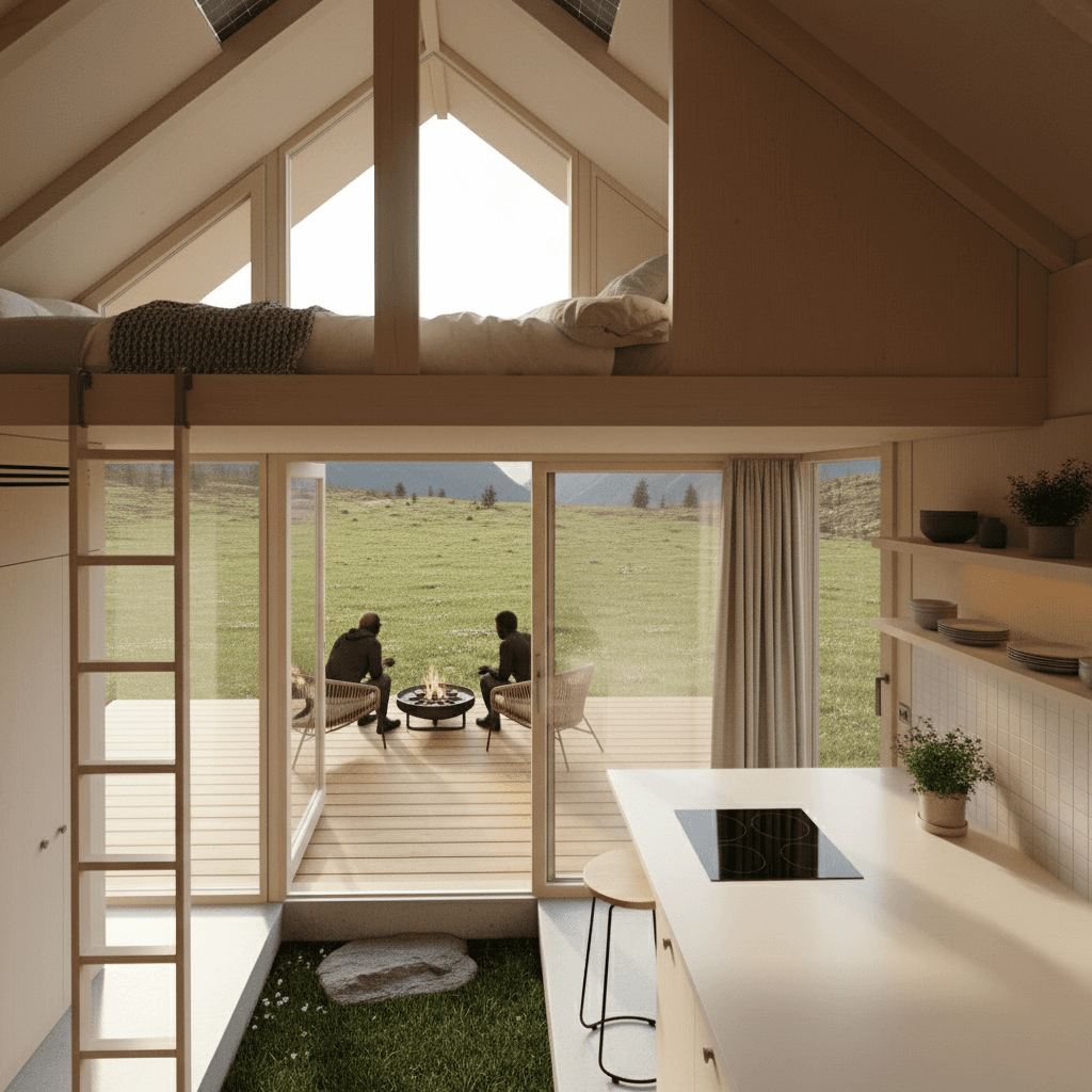 Modern mountain Tiny House - Show Whole Kind - Only Show Open - Interior view