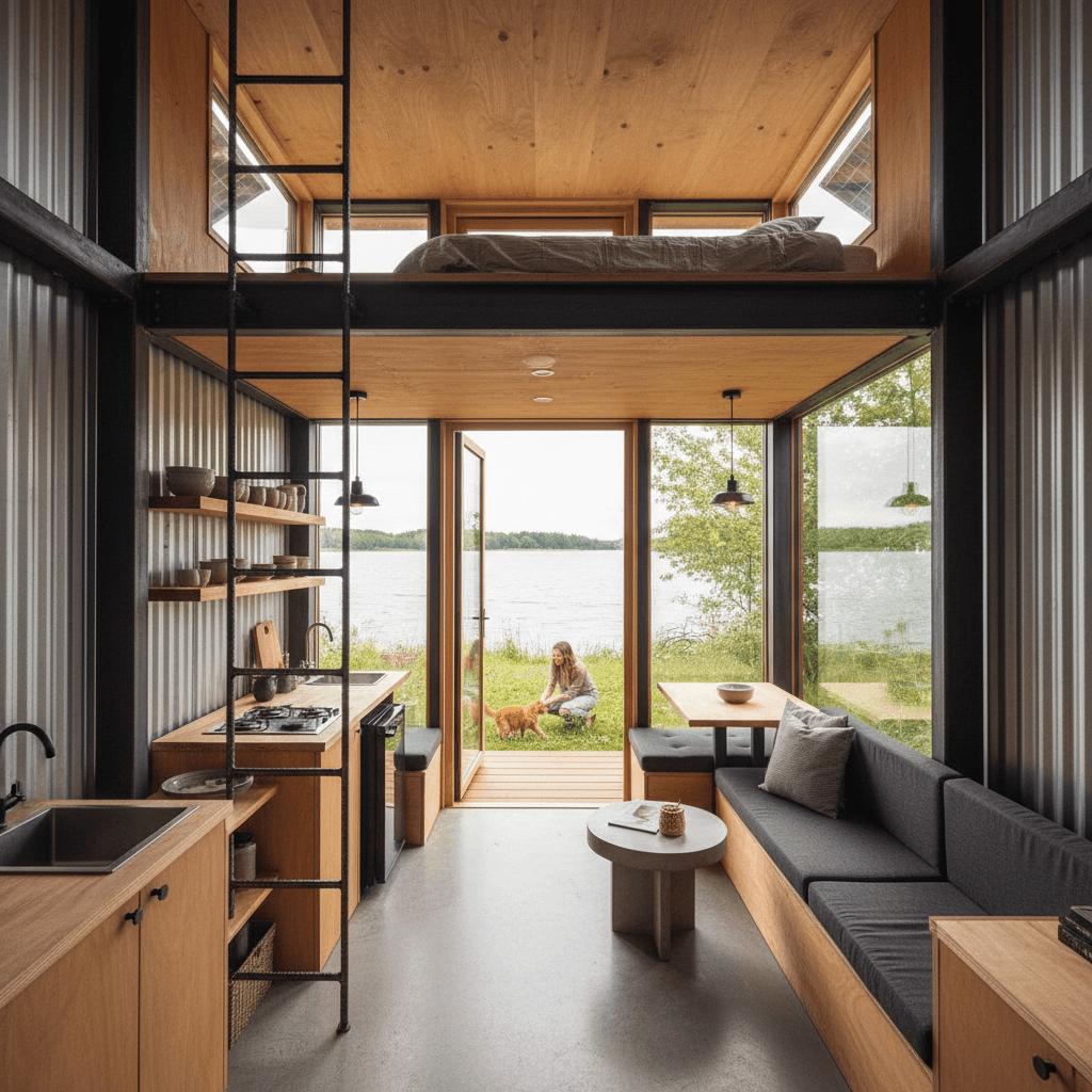 industrial lakeside Tiny House - Interior view