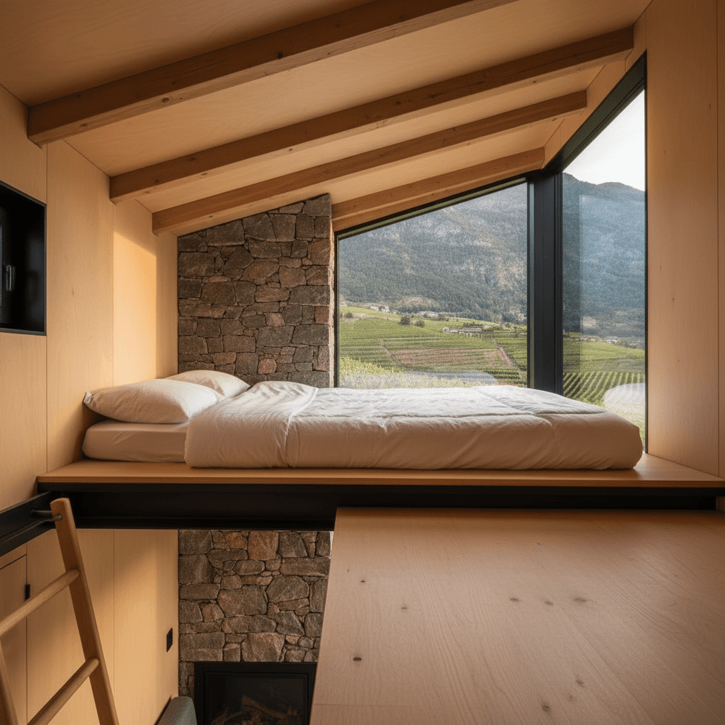 Modern mountain Tiny House - Stairs From Floor - Only Show Loft - Interior view