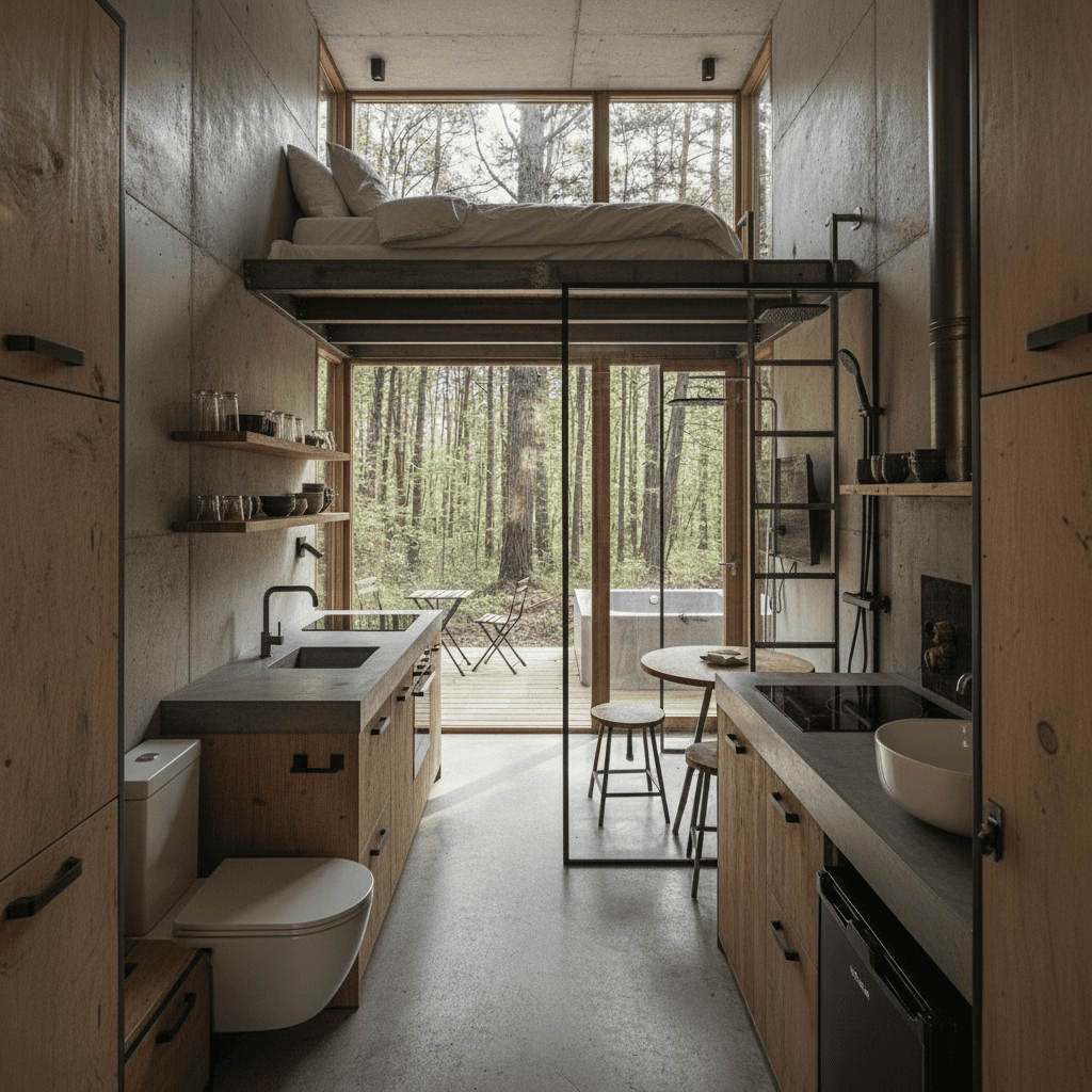 industrial Forest Tiny House - Toilet Shower Next - Everything Want Kind - Interior view