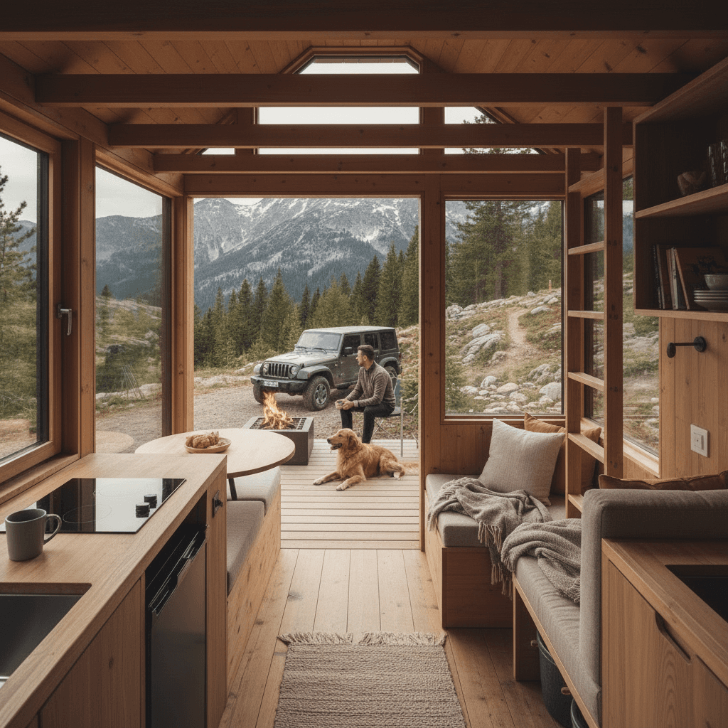 scandinavian mountain Tiny House - Show Sofa Open - Interior view