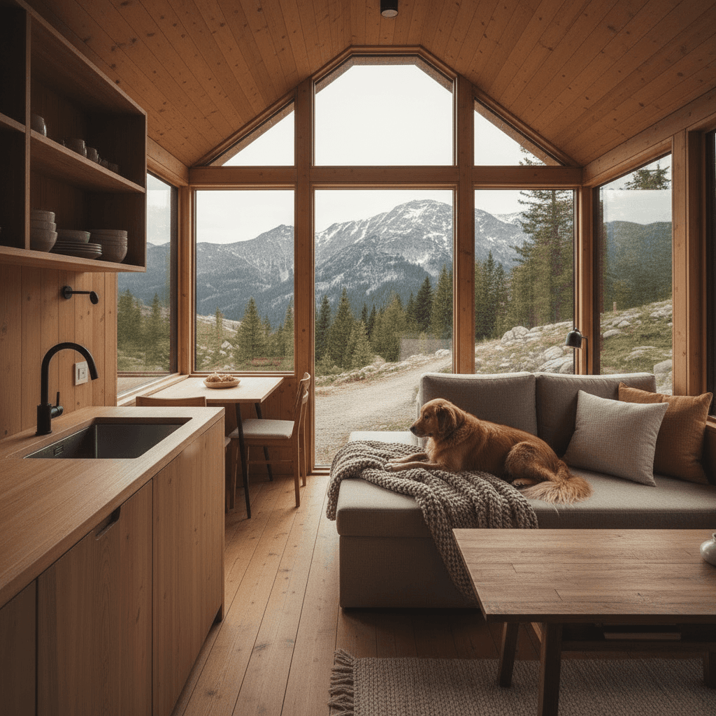 scandinavian mountain Tiny House - Show Sofa Open - Give Design Sofa - Interior view