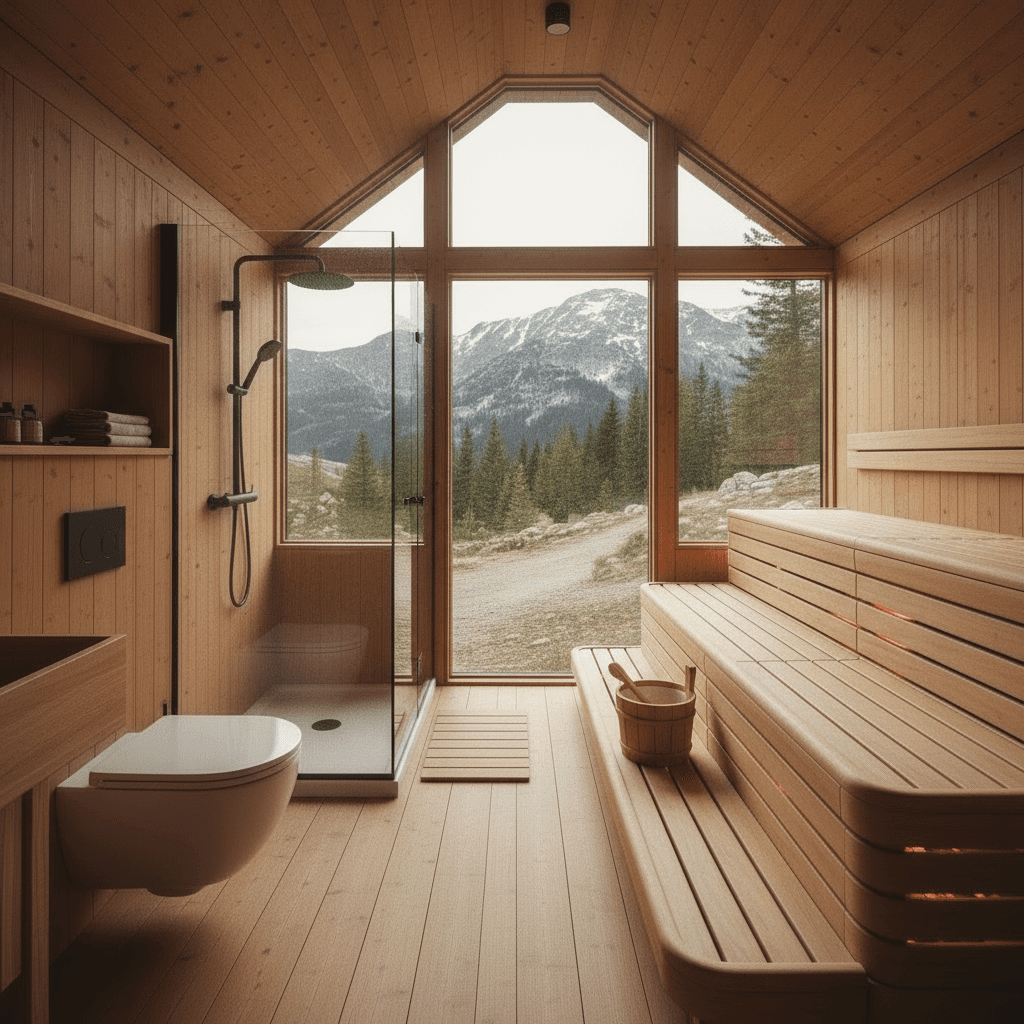 scandinavian mountain Tiny House - Show Sofa Open - Give Design Sofa - Give Wooden Sauna - Interior view