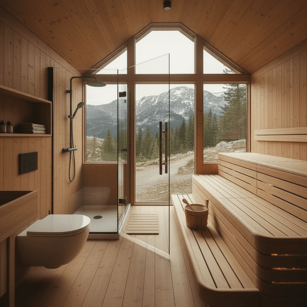 scandinavian mountain Tiny House - Show Sofa Open - Give Design Sofa - Give Wooden Sauna - Door Sauna Place - Interior view