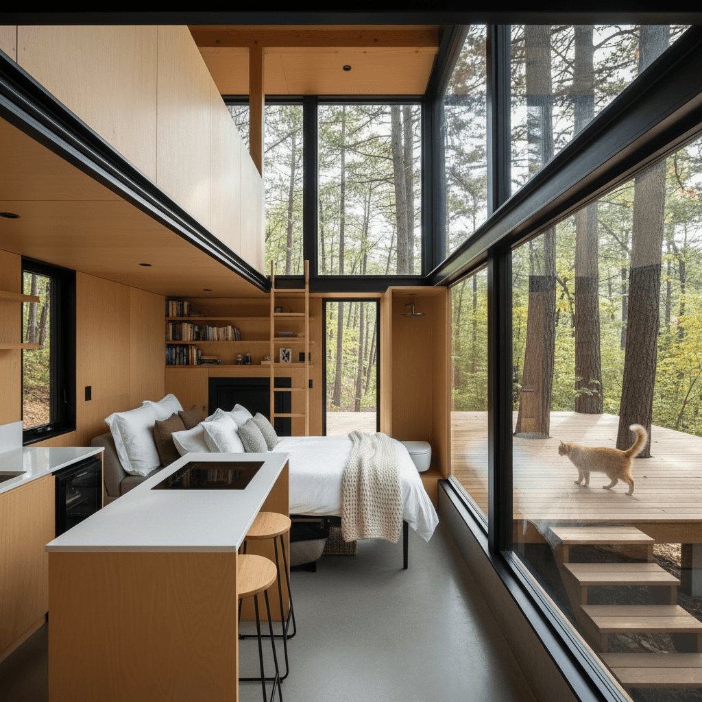 Modern Forest Tiny House - Show King Sofa - Interior view