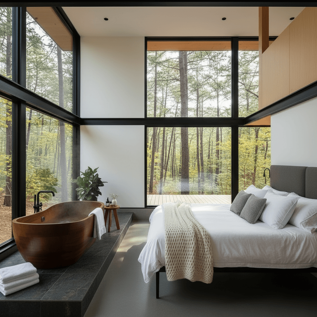 Modern Forest Tiny House - Show King Sofa - Back House There - Interior view