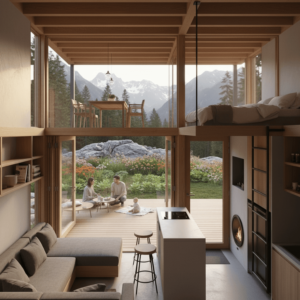 Modern mountain Tiny House - Show Living Room - Interior view