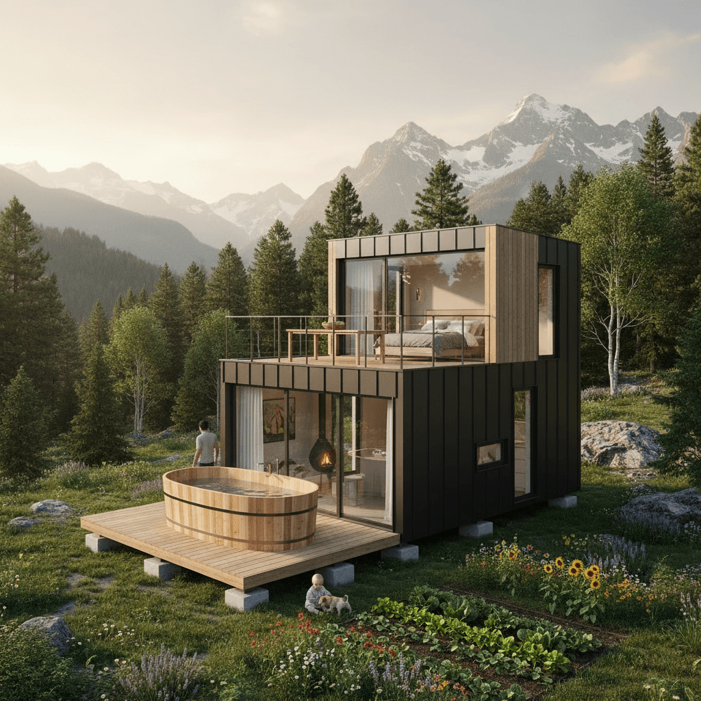 Modern mountain Tiny House - Show Living Room - Show Otherside Room - Show From Outside - Table From Terrace