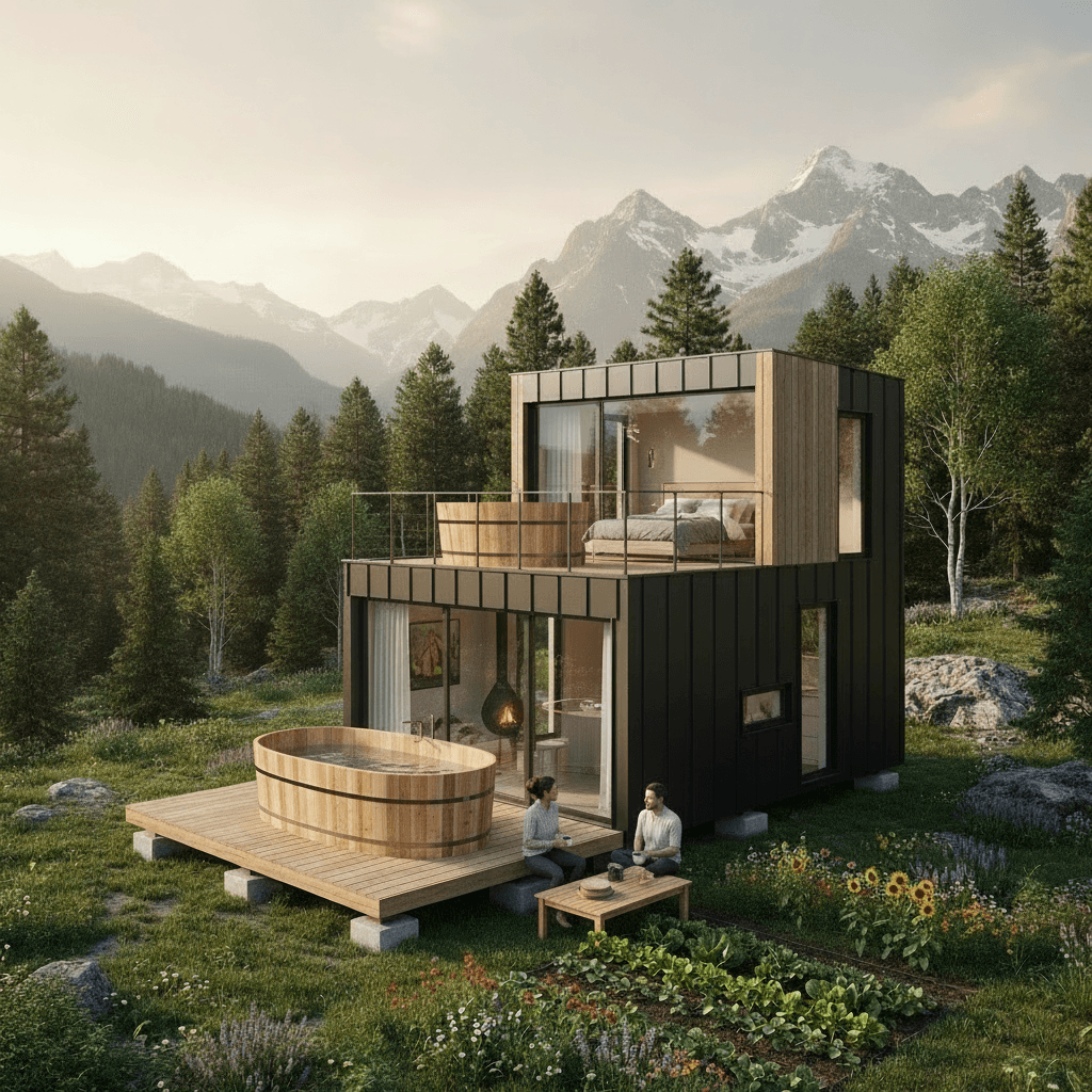 Modern mountain Tiny House - Show Living Room - Show Otherside Room - Show From Outside - Table From Terrace - Woman Outdoor Dack - Exterior view