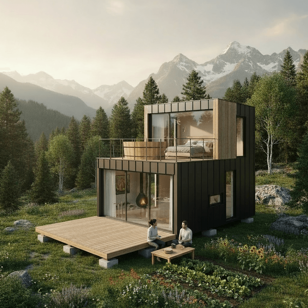 Modern mountain Tiny House - Show Living Room - Show Otherside Room - Show From Outside - Table From Terrace - Woman Outdoor Dack - Bathtub From Outdoor - Exterior view