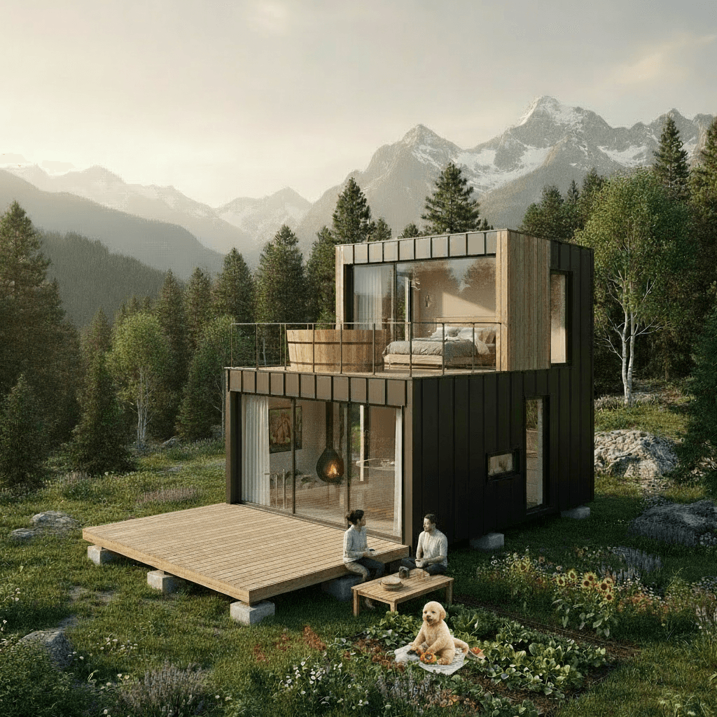 Modern mountain Tiny House - Show Living Room - Show Otherside Room - Show From Outside - Table From Terrace - Woman Outdoor Dack - Bathtub From Outdoor - Women Outdoor Dack - Exterior view