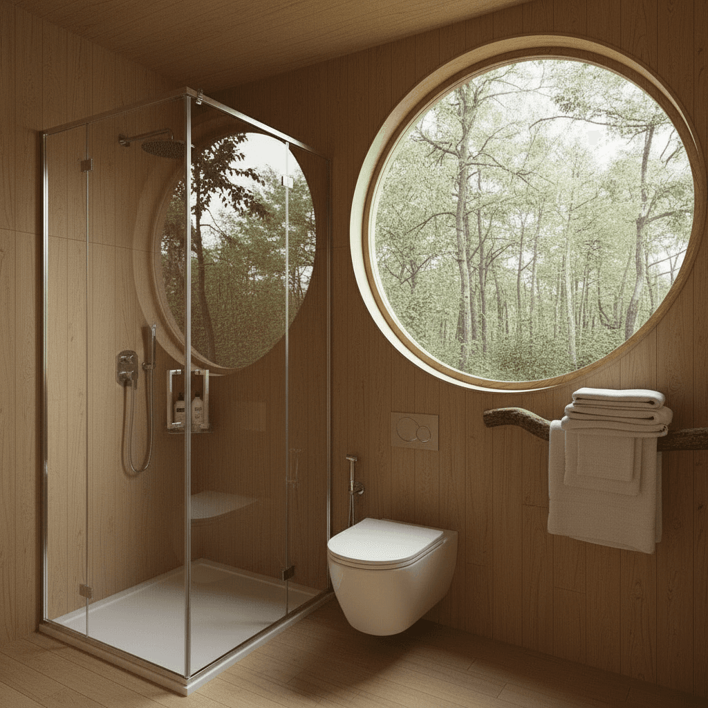 scandinavian Forest Tiny House - Bedroom Tree Bookshelf - Show Outher Side - Show Corner Shower - Interior view