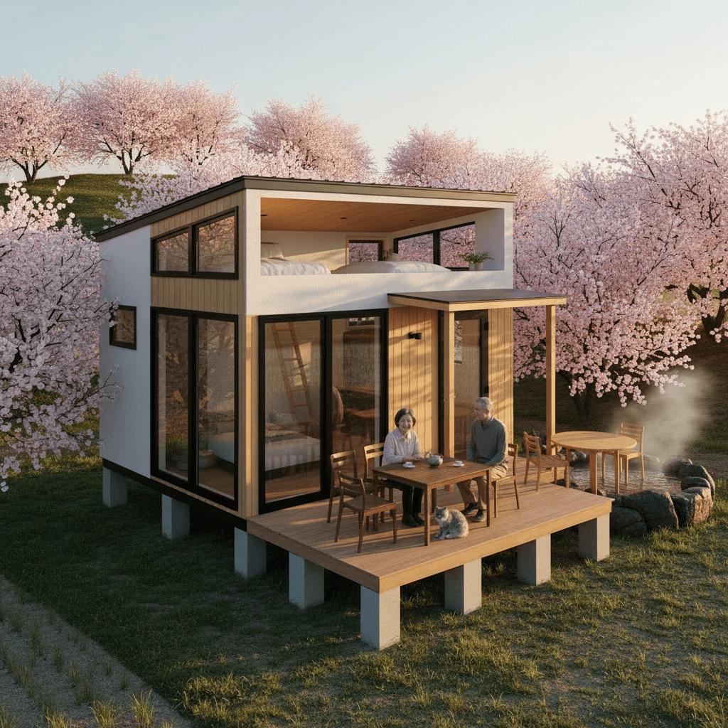 Modern rural Tiny House - Show Tatami Room - Show Other Side - Black Window From - House Countryside Japan - Exterior view