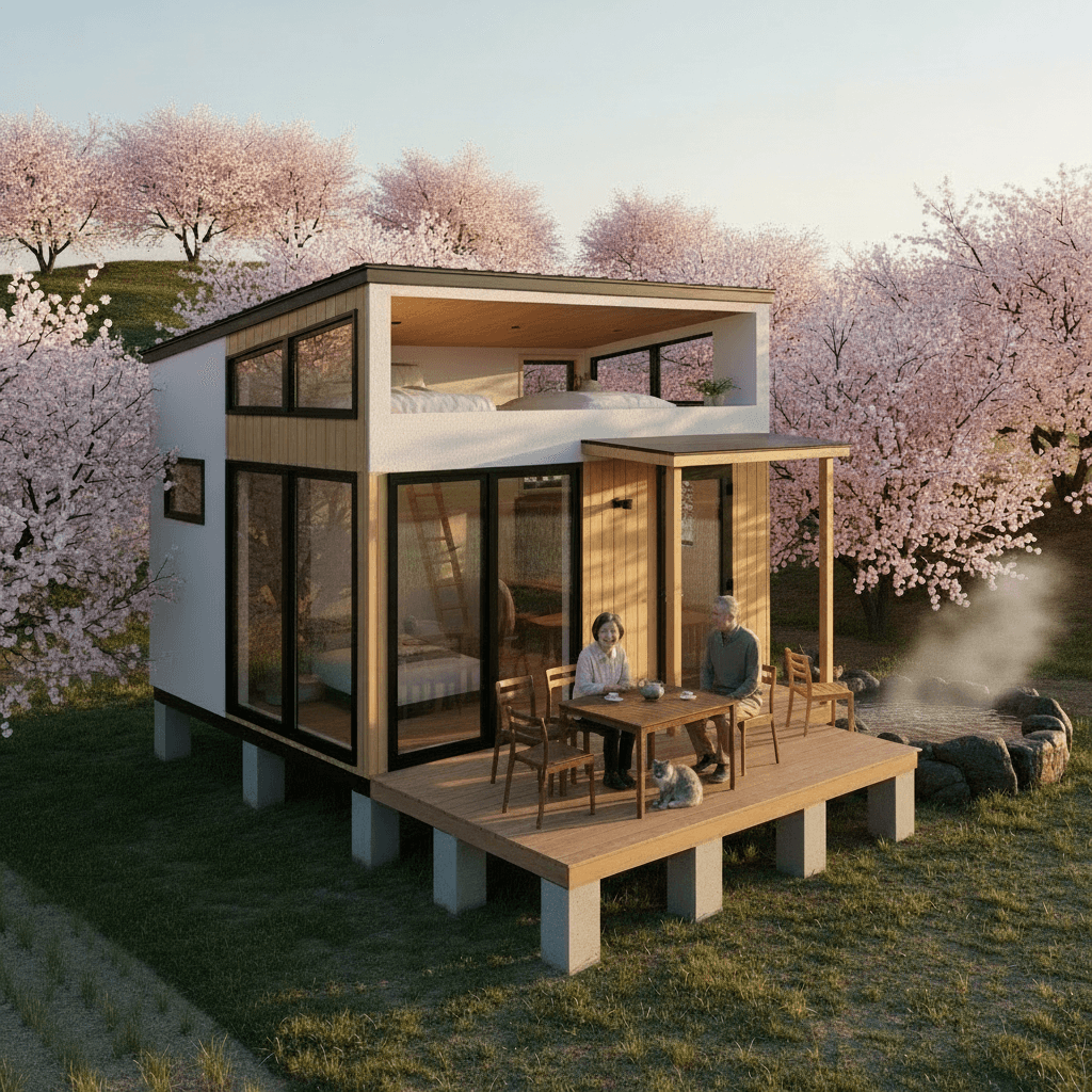 Modern rural Tiny House - Show Tatami Room - Show Other Side - Black Window From - House Countryside Japan - Wooden Table From - Exterior view