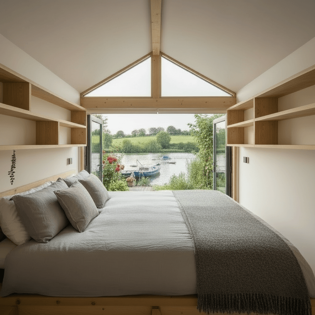 Modern lakeside Tiny House - Only Show Open - Give Nice Open - Show King Loft - Wooden Stairs Green - Ball Bottles From - Interior view