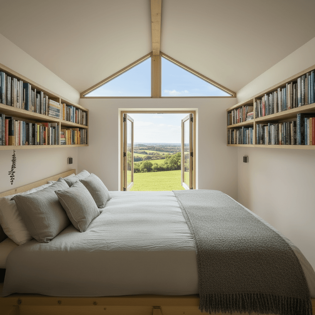 Modern lakeside Tiny House - Only Show Open - Give Nice Open - Show King Loft - Wooden Stairs Green - Ball Bottles From - Books Wall Selves - Give Full Open - Interior view