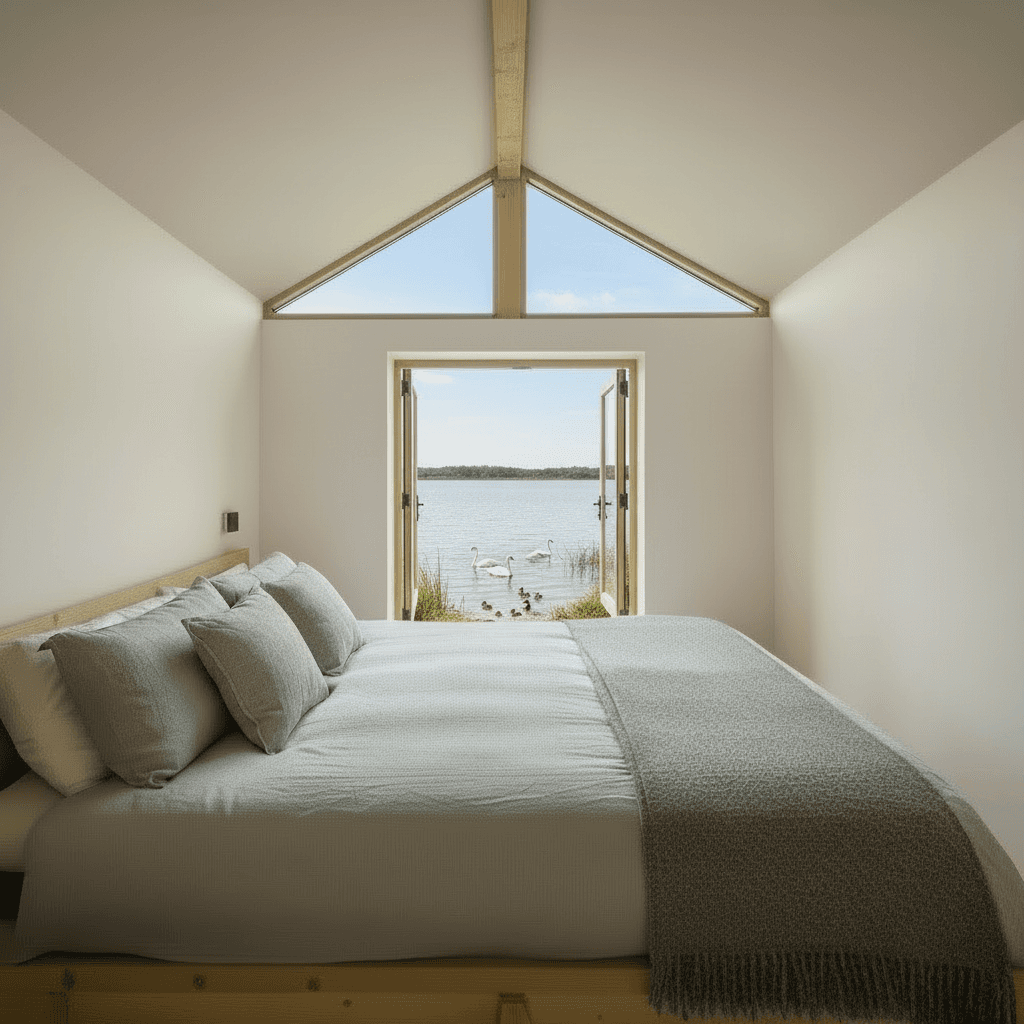 Modern lakeside Tiny House - Only Show Open - Give Nice Open - Show King Loft - Wooden Stairs Green - Ball Bottles From - Books Wall Selves - Give Full Open - Want Full Open - Want Nice Full - Interior view