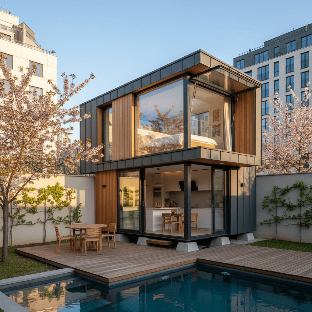 Modern Urban Tiny House - Wooden Stairs Built - Show Nice Bedroom - Show Other Side - Exterior view