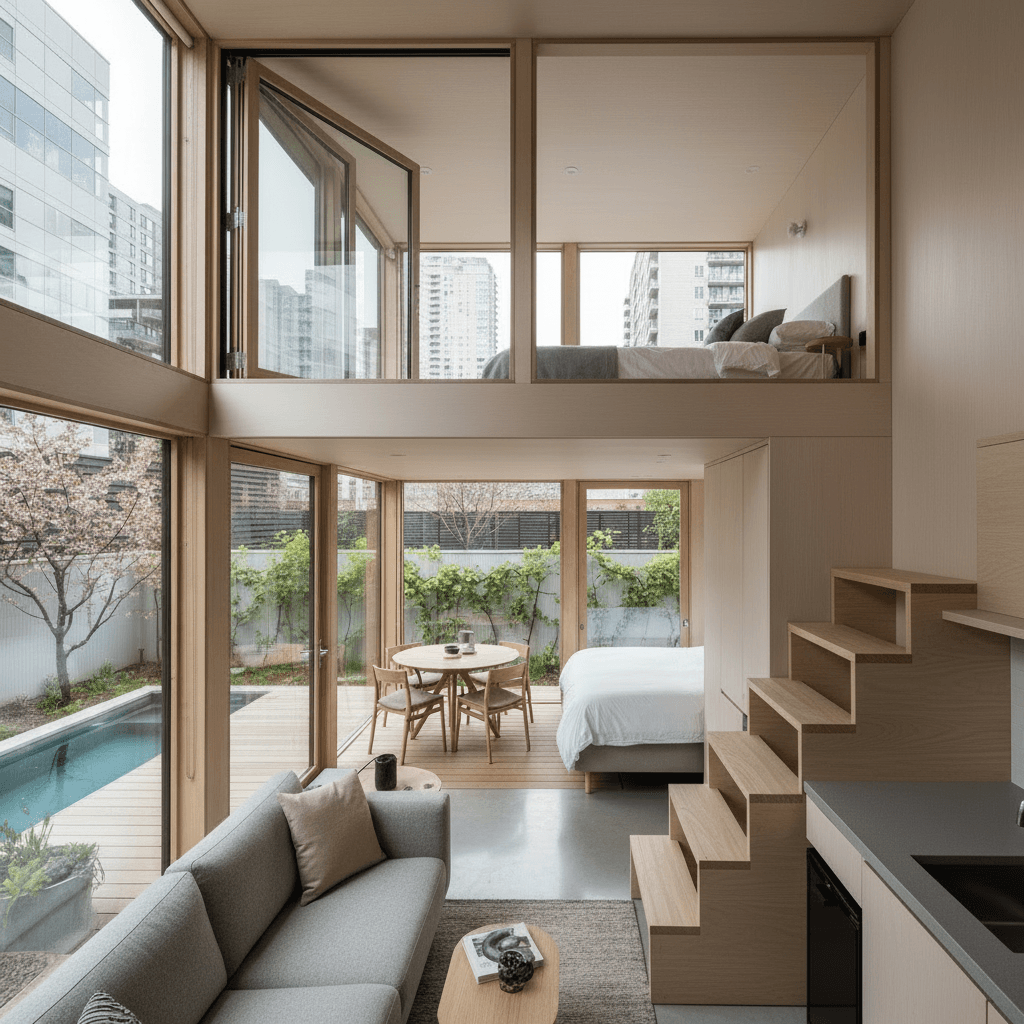 Modern Urban Tiny House - Wooden Stairs Built - Interior view