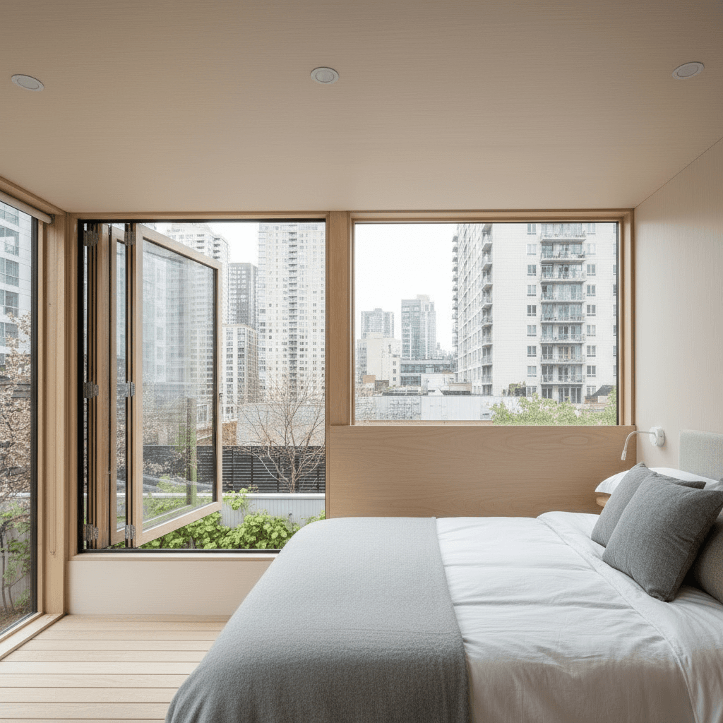 Modern Urban Tiny House - Wooden Stairs Built - Show Nice Bedroom - Interior view