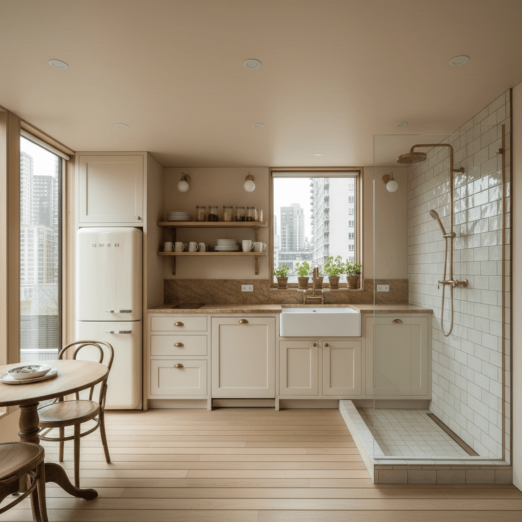 Modern Urban Tiny House - Wooden Stairs Built - Show Nice Bedroom - Show Other Side - Interior view