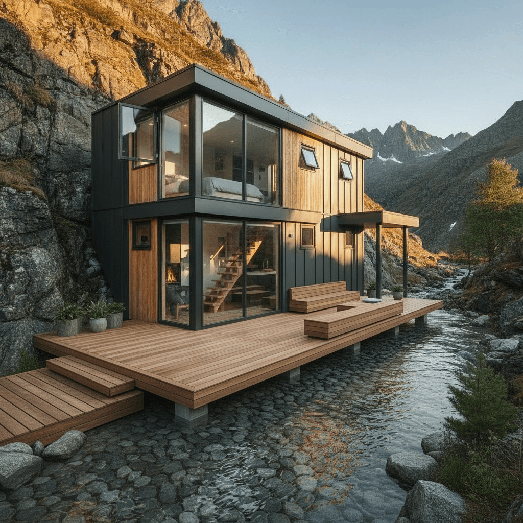 Modern mountain Tiny House - Front House Flat - Outdoor Dack Bigger - Show Other Side - Exterior view