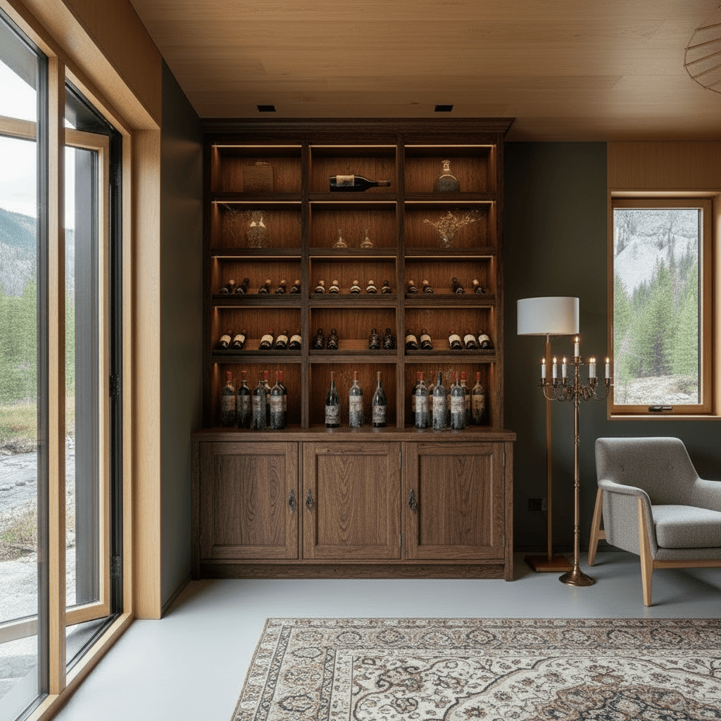 Modern mountain Tiny House - Front House Flat - Outdoor Dack Bigger - Show Other Side - Show Nice King - Show Other Side - Wine Rack Style - Interior view