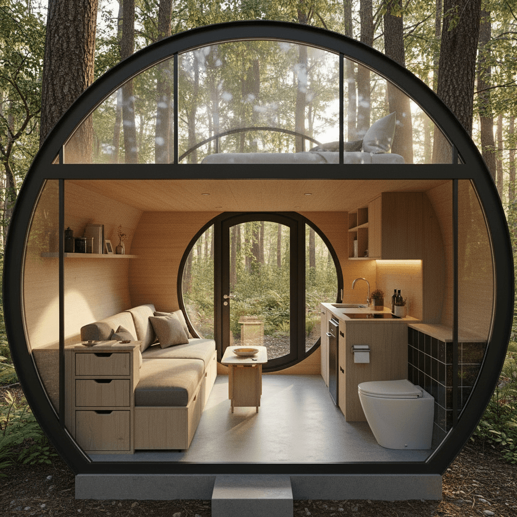 Modern Forest Tiny House - Metal Stairs Just - Interior view